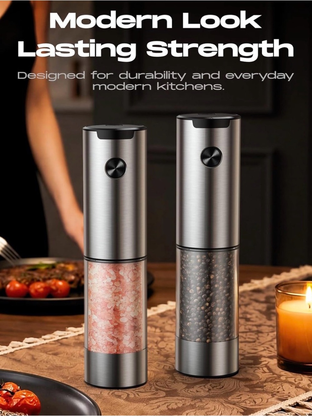 Stainless Steel Electric Salt & Pepper Grinder Set - Silver